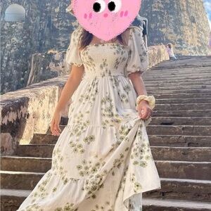 Abercrombie & Fitch White and Green Floral Puff Sleeve Midi Dress